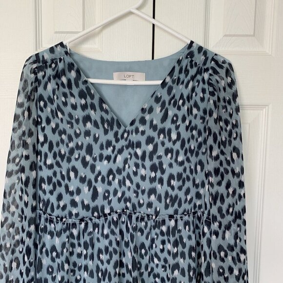 Loft Light Blue Small Snow Leopard Print V-Neck Swing Dress - Picture 3 of 15